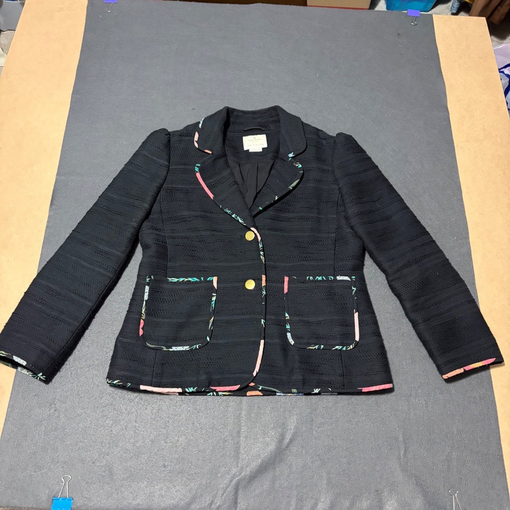 Kate Spade Blazer Women 10 Black Floral Trim Tweed Jacket Gold Buttons Girl Core